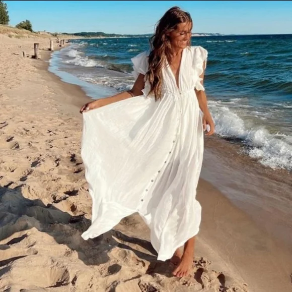New Flowy Plunge Maxi Gauze Cover Up Dress Summer White